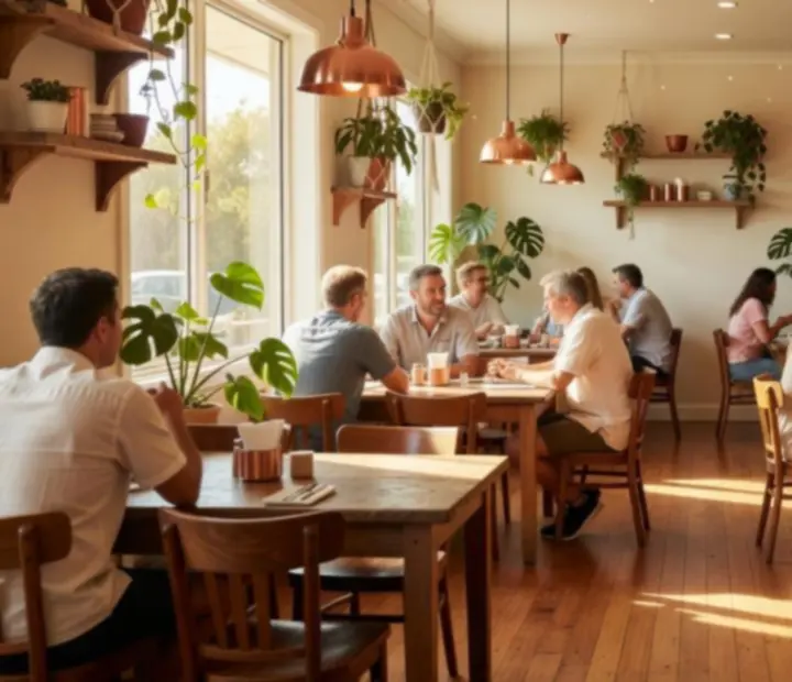 Sun-drenched bistro interior with timber tables and guests gathered around cards.