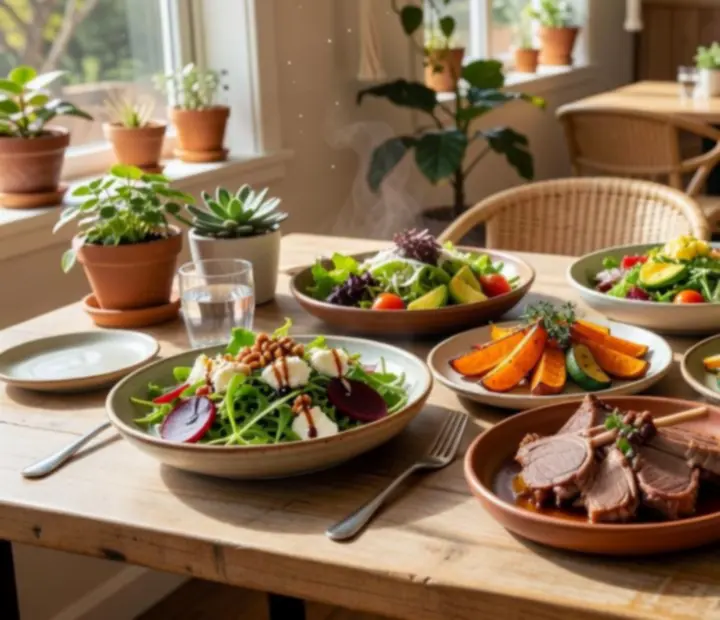 Sunlit Australian bistro table with seasonal dishes and share plates at The Lucky Ladle