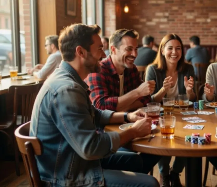 Casual poker table with friends gathered over cards and drinks in a bistro.