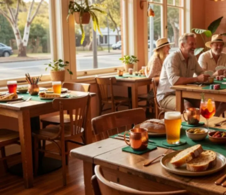 Bright bistro dining room with guests enjoying food and a casual poker game