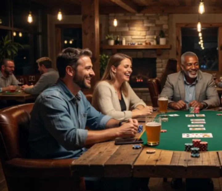 Guests enjoying a casual Texas Hold'em poker evening in The Lucky Ladle Lounge.