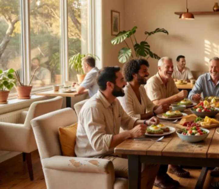 Guests gathered around a wooden table in The Lucky Ladle Lounge, enjoying food, drinks and cards.
