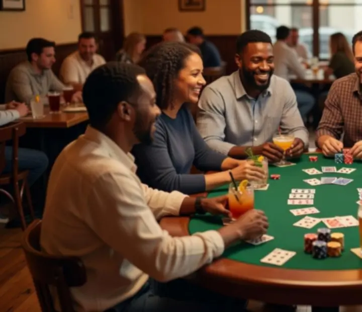 Group of friends at a table enjoying casual Texas Hold'em in a bistro setting