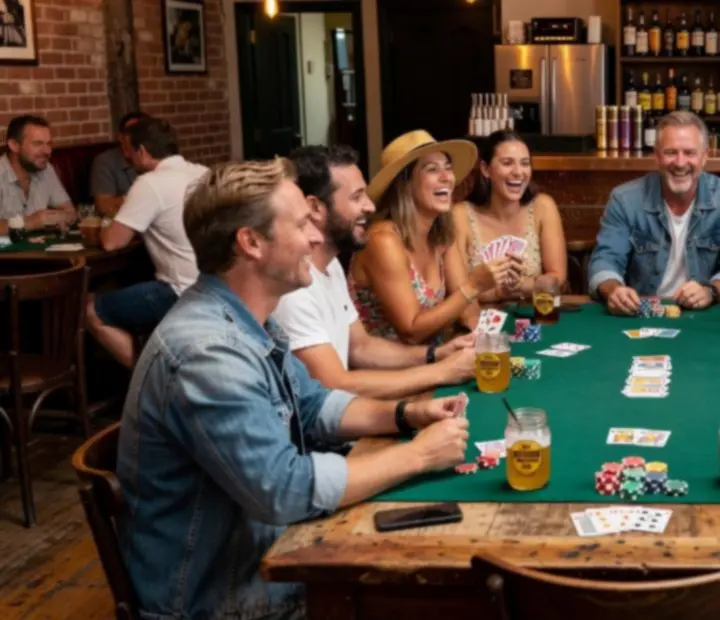 Casual Texas Hold'em setup at The Lucky Ladle with felt-green tabletoppers and players chatting over food