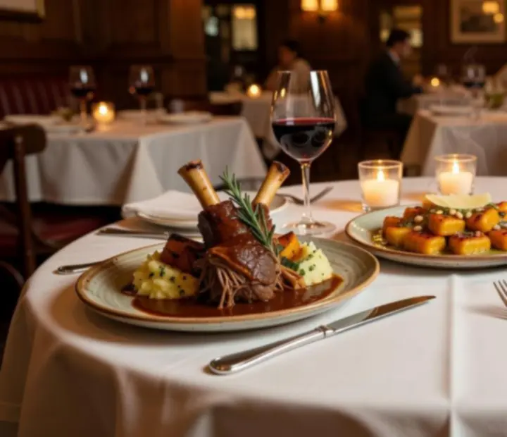 Table filled with signature dishes including lamb shank, pumpkin gnocchi, and warm salad at The Lucky Ladle
