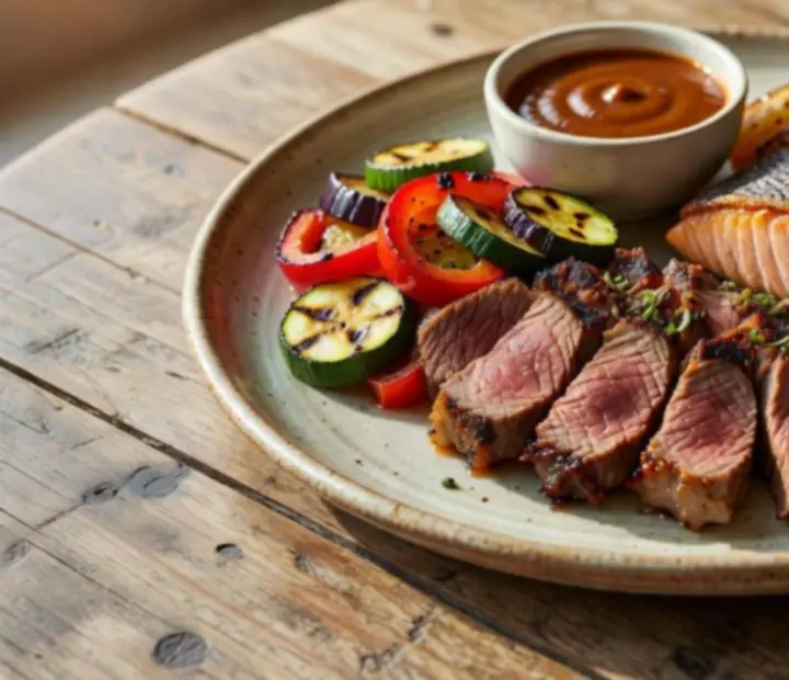 Signature mains platter at The Lucky Ladle with steak, salmon, and seasonal vegetables