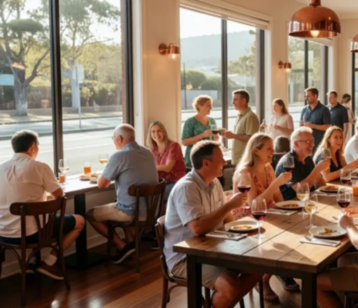 Sunlit bistro event space at The Lucky Ladle with communal tables set for a gathering