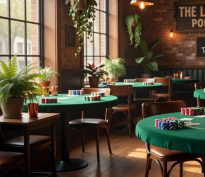 Sun-dappled poker tables with wooden chairs and green accents at The Lucky Ladle