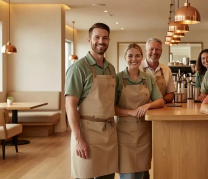 Smiling bistro team gathered behind a warm copper bar.